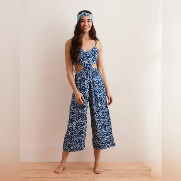 aerie Pants - Aerie Blue Floral Jumpsuit with Cutouts